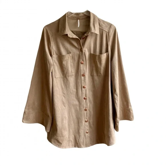 Free People Ari Faux Suede Shirt Jacket Size M Tan Rose Gold Buttons Boho Top - Picture 5 of 16